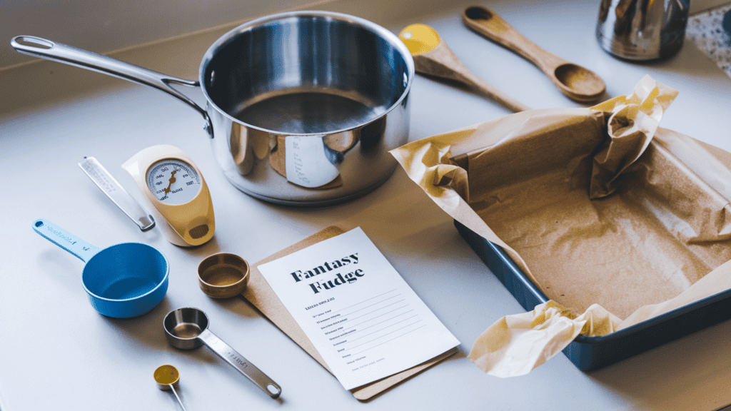 A kitchen counter with a saucepan, candy thermometer, 8x8 inch pan, parchment paper, a wooden spoon, and measuring cups and spoons. There is a recipe card with the words "Fantasy Fudge" on the counter. The background is clean and uncluttered.