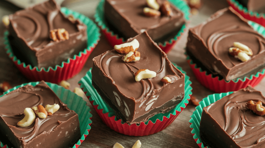 Fantasy fudge served in red and green paper candy cups. The fantasy fudge is rich, smooth, and chocolatey with a glossy finish. It's cut into neat squares, with a creamy texture and occasional swirls and nuts for toppings. The background is a wooden surface with a few additional candy cups.