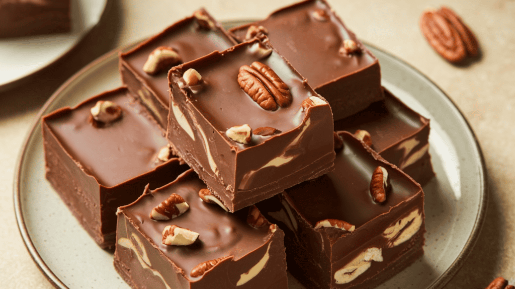 A plate with squares of fantasy fudge. The fudge is rich, smooth, and chocolatey with a glossy finish. It's cut into neat squares, with a creamy texture and occasional swirls with toasted finely chopped pecans for toppings. The background is simple, with a beige plate and a few pecans near the fudge.