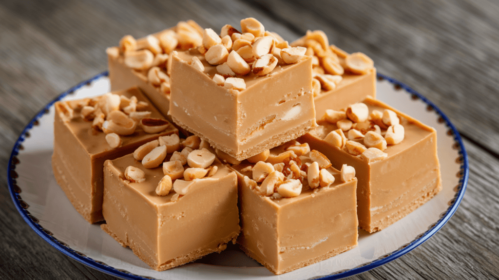 A plate of fantasy fudge cut into squares. The fudge is creamy, golden, and smooth, with a soft, velvety texture. It is cut into squares and has a glossy finish. The fudge is topped with a sprinkle of crushed peanuts. The plate is placed on a wooden surface.