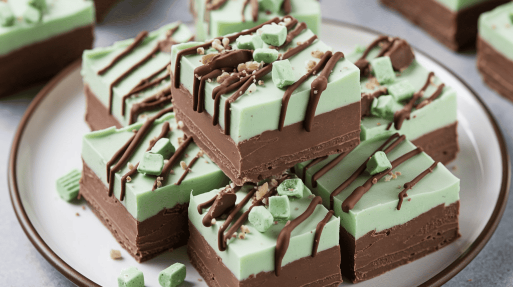A plate with fantasy fudge. The fudge is mint chocolate, with a rich chocolate base and a creamy, pale green mint layer on top. The fudge has a layered look and is smooth, glossy. It is garnished with chocolate drizzle and crushed mint candies. The fudge is cut into squares and has a few on the plate. The background is simple.