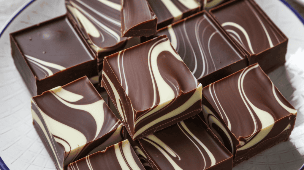 A plate with fantasy fudge cut into squares. The fudge is made of dark and milk chocolate, with a marbled or layered appearance. The dark chocolate has a deep, rich tone, while the milk chocolate has a lighter, creamy hue. The fudge is glossy, smooth, and showcases a striking contrast between the two chocolates.