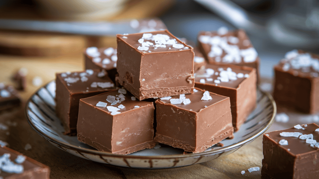 Ffantasy fudge cut into squares and served on a plate. The fudge is smooth and glossy, with a rich chocolate base. It is topped with delicate flakes of sea salt, adding a glistening, textured contrast that highlights its creamy surface. The plate is placed on a wooden surface. There are additional pieces of fudge nearby. The background is blurred and contains a few kitchen items.