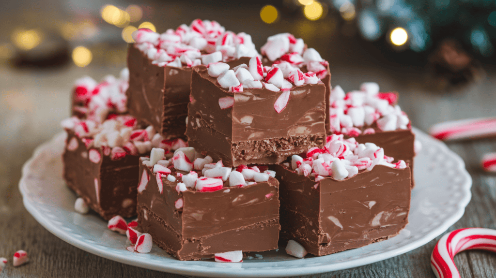 A plate of fantasy fudge cut into squares. The fudge is festive and glossy, with a rich chocolate flavor. It is topped with crushed candy canes, which add a pop of red and white color and a textured, sparkling finish. The plate is on a wooden surface, and there is a few stray candy canes beside the plate. The background is blurred and contains a few holiday decorations.