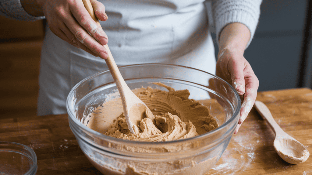 A woman combining wet and dry ingredients in one bowl to create dough for sugar cookies. The woman is wearing a white apron over a grey sweater and jeans. She is using a wooden spoon to mix the ingredients. The bowl contains a sticky, beige mixture with visible streaks of flour. There are flour-covered hands and a wooden spoon next to the bowl. The background is a wooden counter.