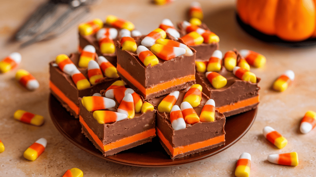 A plate with squares of Halloween fantasy fudge. The fudge is a creamy chocolate color with a festive orange, yellow, and white candy corn topping. There are also orange and yellow candy corn pieces scattered around the plate. The background is a beige surface.