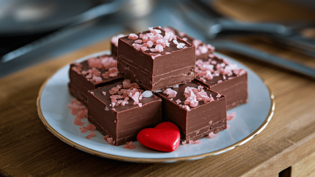 A plate of fantasy fudge on a wooden surface. The fudge is cut into squares and has a rich, glossy chocolate base. It is topped with delicate pink sea salt flakes, adding a romantic touch and a shimmering contrast to the dark, smooth surface. There is a red heart-shaped candy on the plate as well. The background is blurred and consists of a few cooking utensils.