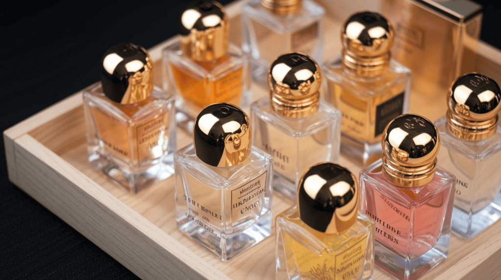 Travel-sized high-end perfumes. There are several small perfume bottles with golden tops. They are arranged on a wooden tray. The background is black.