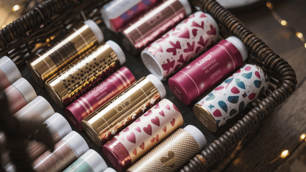 A collection of luxury lip balms as stocking stuffers for women. There are multiple lip balms with various designs, such as gold foil, hearts, and stars. They are placed in a basket. The background is a wooden surface.