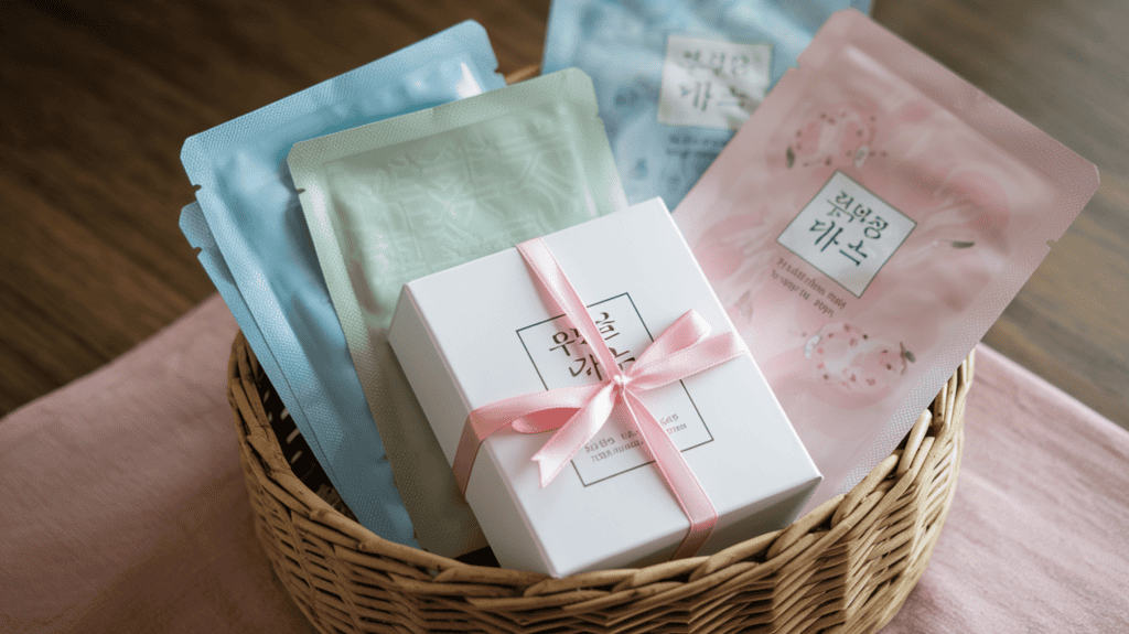 A basket filled with Korean sheet masks. There are several masks in various shades of blue, green, and pink. The masks are placed inside a white box and tied with a pink ribbon. The background is a wooden surface. The overall image has soft lighting.