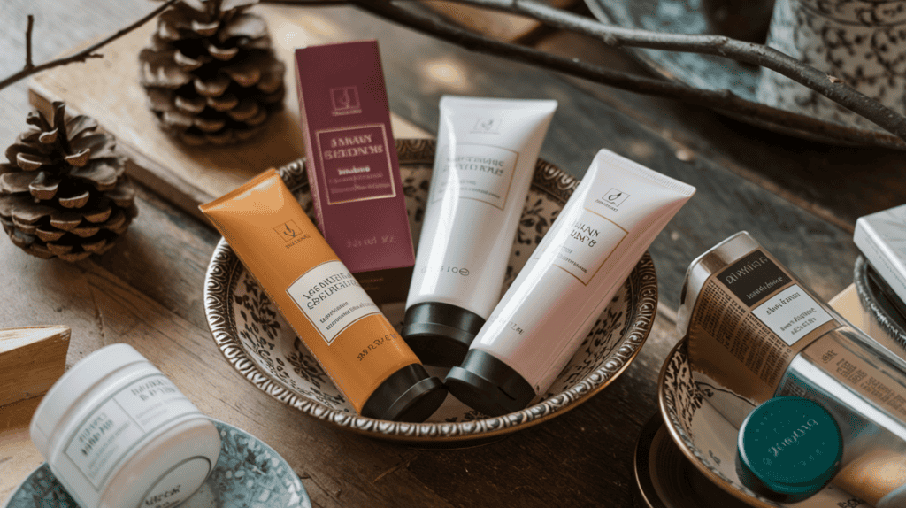 A table with several premium hand creams. There are multiple creams with different textures, scents, and packaging. The creams are placed in a decorative bowl. There are also decorative items like pinecones and branches. The background is a rustic wooden table. The lighting is soft.