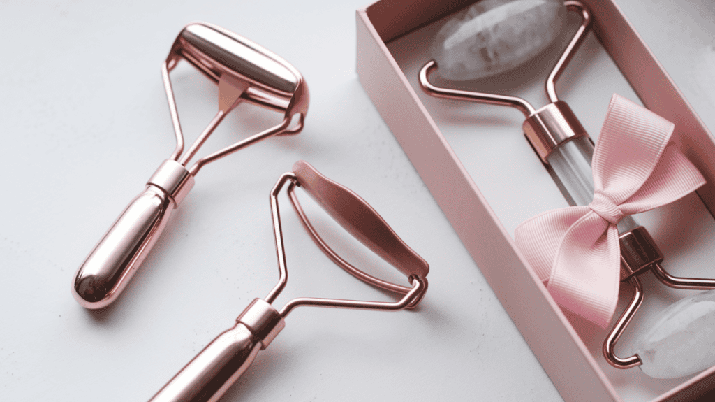 Rose gold eyelash curlers and crystal-handled facial rollers as stocking stuffers for women. The eyelash curlers are placed on a white surface. The facial rollers are placed in a box. Both items have a rose gold finish. There is a pink bow on the box of facial rollers.
