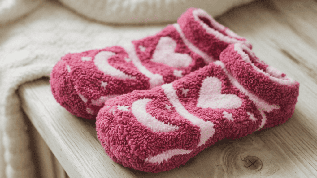 A pair of plush fuzzy socks. The socks are a vibrant pink hue with a pattern of hearts, stars, and crescent moons. They are laid out on a wooden surface. In the background, there's a white blanket. The lighting is soft.