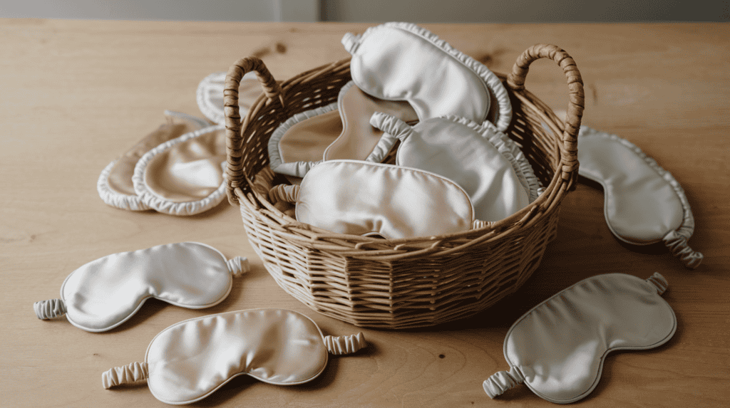 A basket filled with Silk Sleep Masks. The basket is placed on a wooden surface. There are also some additional Silk Sleep Masks scattered around the basket. The background is simple and minimalistic.