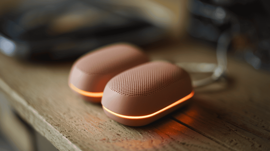 Compact hand warmers. The hand warmers are small, oval-shaped, and have a textured surface. They're on a wooden surface. The background is blurred out and contains a few other items. The lighting is soft.