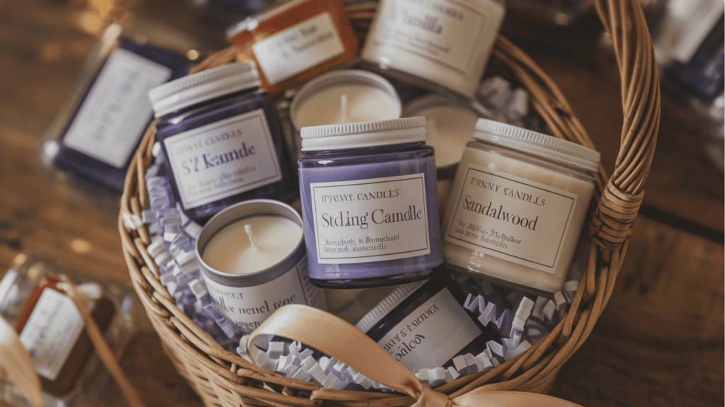 Tiny 3-ounce candles as stocking stuffers for women. There are various candle scents such as lavender, vanilla, and sandalwood. The candles are placed in a basket. There is a ribbon tied around the basket. The background is wooden.
