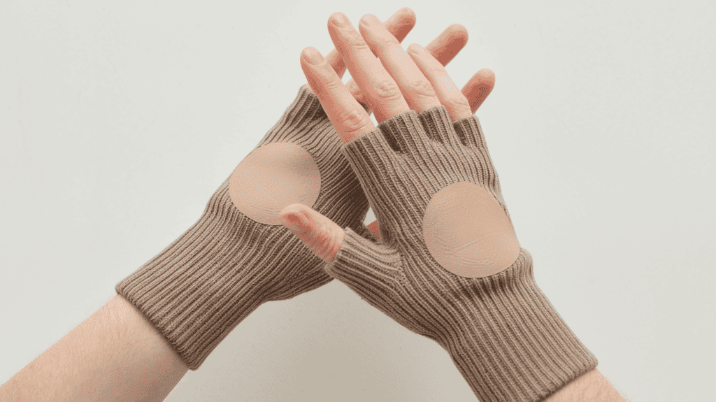 A pair of fingerless gloves with a white background. The gloves are beige and have a unique pattern with a large, round beige circle on the back of the hand. They have a grey, stretchable band that goes over the fingers. The gloves are laid flat, with the fingers extended. The background is pristine white.