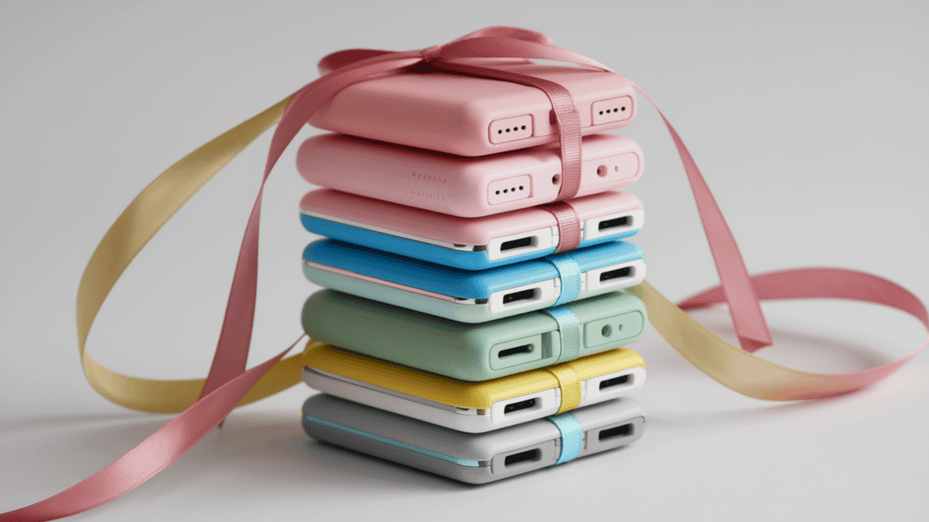 A stack of compact power banks in fashionable colors. The power banks are stacked on top of each other. There are various colors, including pink, blue, green, and yellow. The background is white. The power banks have a ribbon tied around them. The overall image has a festive vibe, perfect for a stocking stuffer for women.