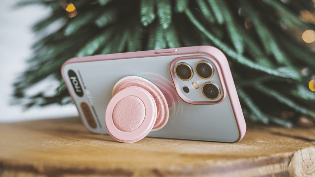 A pop socket being used on a phone to stand itself up as a Stocking Stuffer for Women. The phone has a pink case and is placed on a wooden surface. There's a green tree in the background.