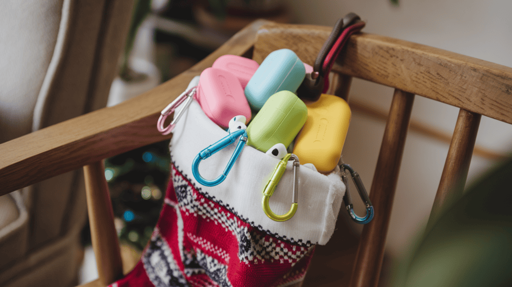 A stocking filled with wireless earbud silicone cases with carabiners. The cases are in various bright colors, including pink, blue, green, and yellow. Each case has a carabiner attached to it. The stocking is placed on a wooden bench. The background is a cozy room with a chair and a plant.