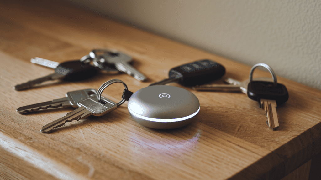 A tracking device attached to a set of keys on a wooden table. The tracking device is a small, round device with an LED light. The keys are scattered around the device. The background is a beige wall.