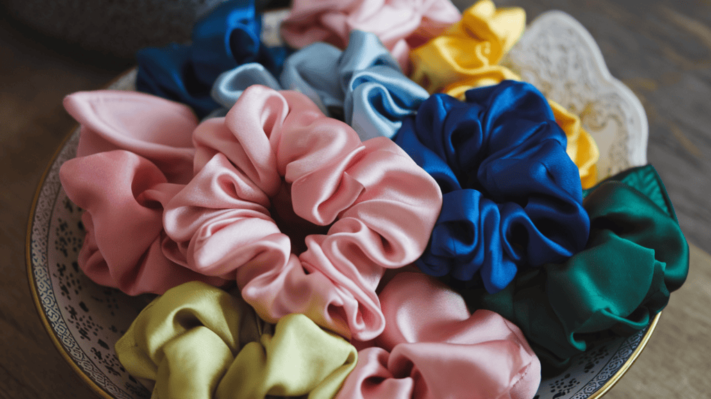A variety of silk scrunchies. There are scrunchies in different colors, such as pink, blue, yellow, and green. They are placed in a decorative bowl. The background is a wooden surface.