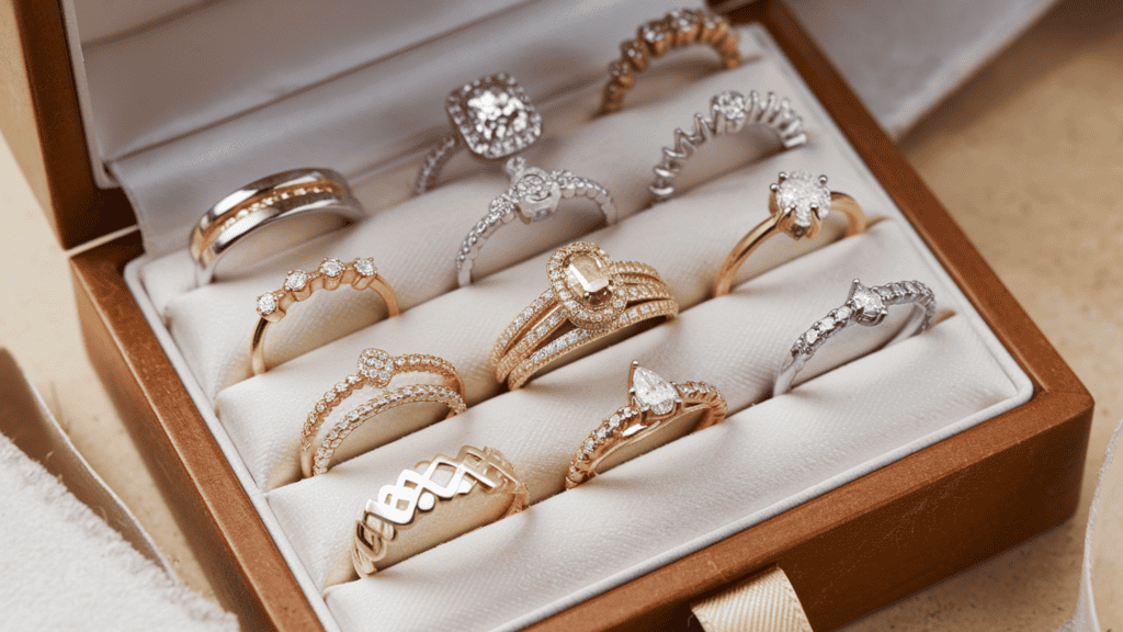 A variety of ring sets placed in a wooden box. The rings have different styles and materials, including gold, silver, and diamonds. There is a small ribbon tied around the box. The background is a beige surface.