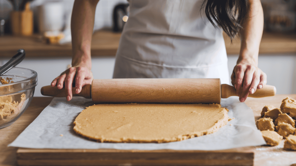 A woman rolling out a sugar cookie dough with a rolling pin. The cookie dough is placed on a piece of parchment paper, which is placed on a wooden surface. The woman is wearing a white apron and has long, dark hair. There is a bowl of cookie dough and a pile of dough balls next to her. The background is a kitchen with a few cooking utensils.