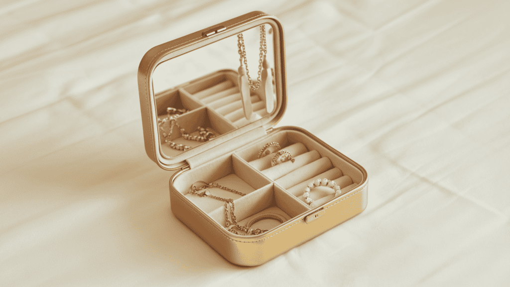 A compact jewelry case with multiple compartments. The case has a gold-colored metal exterior and a mirrored interior. There are various types of jewelry inside the case, including necklaces, earrings, and rings. The case is placed on a white background.