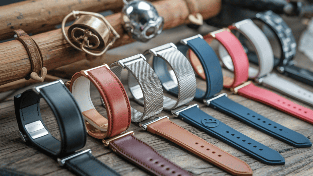 A variety of stylish watch bands displayed in a row. The watch bands are placed on a wooden background. The watch bands are of different materials, including leather, metal, and silicone, and come in various colors. There are small decorative ornaments, such as a bell and a heart, in between the watch bands. The overall setting has a rustic aesthetic.