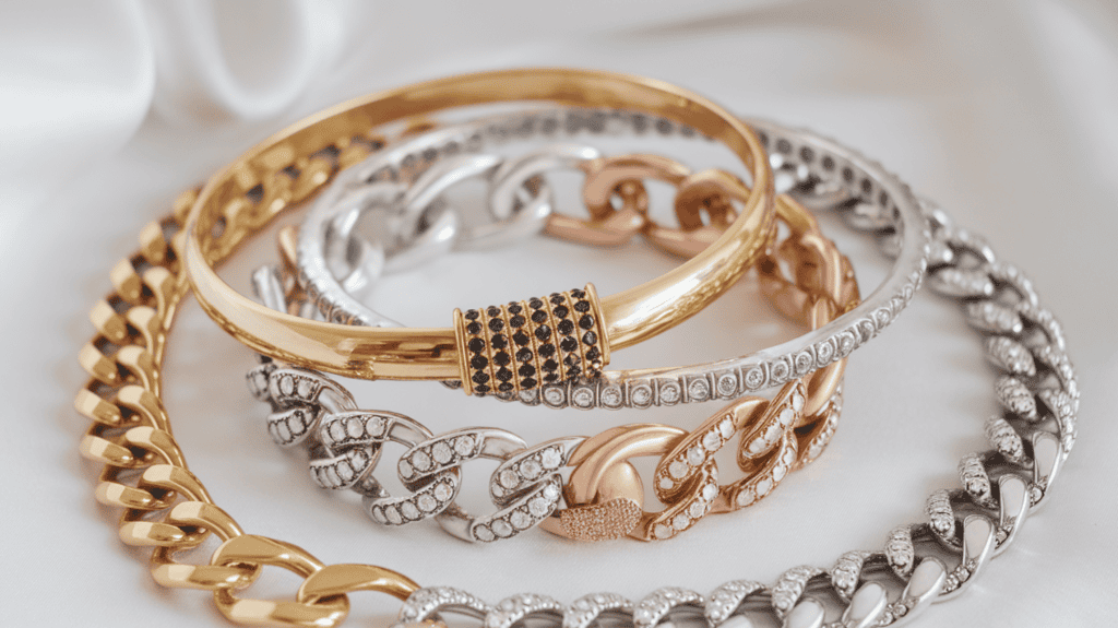 A gorgeous bracelet set as Stocking Stuffers for Women. The bracelet set includes a gold bangle, a silver bangle, a gold chain bracelet, and a silver chain bracelet. The gold bangle has a few black and white stones. The silver bangle has a few clear stones. The gold chain bracelet has a few black and white stones. The silver chain bracelet has a few clear stones. The bracelets are placed on a white background.