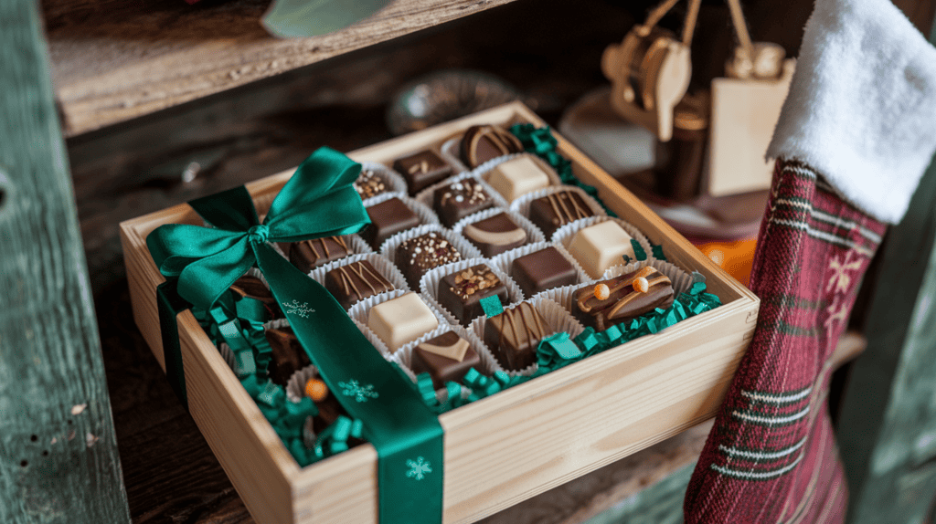 A wooden box filled with artisanal chocolates, adorned with a green ribbon. The chocolates have various fillings and are placed on a bed of green leaves. The box is placed next to a stocking, symbolizing it as a stocking stuffer for women. The background is a rustic shelf with a few other items.