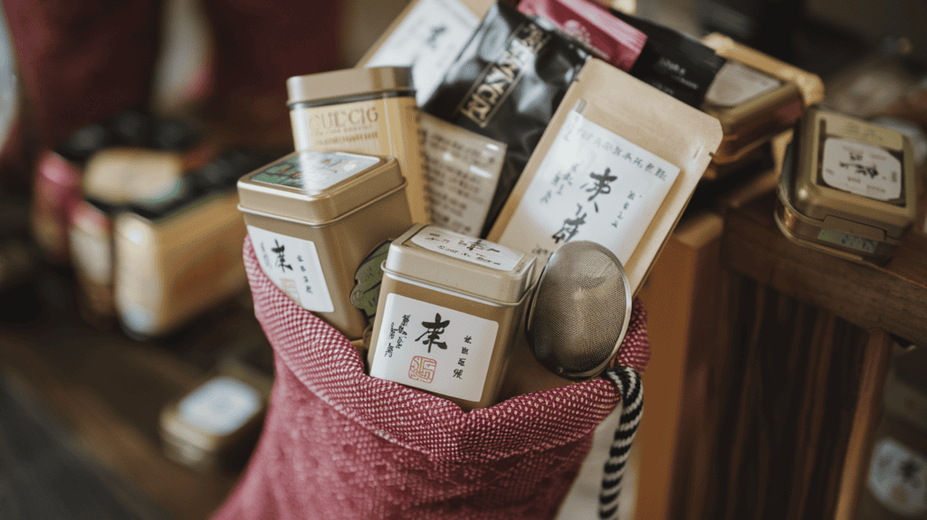 A stocking filled with various specialty teas. The teas are in small tins and have labels with Chinese characters. There are also tea bags and a tea infuser in the stocking. The stocking is placed on a wooden surface. The background is blurred and contains more stockings and tea tins.
