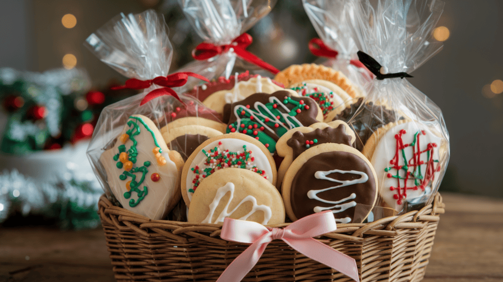 A basket filled with gourmet cookies, each individually wrapped. The cookies are in various shapes and sizes, and have festive decorations such as sprinkles and icing. They are placed in a basket and tied with a ribbon. The basket is placed on a wooden surface. The background is blurred and contains holiday decorations.