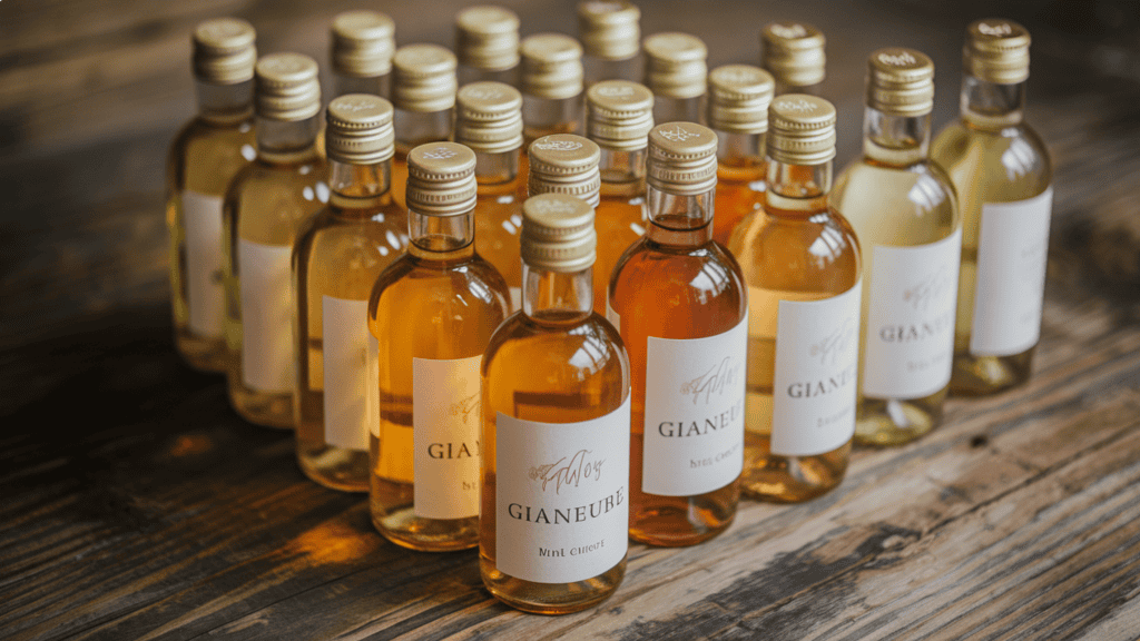 187 ml mini wine bottles next to each other, ready to be used as a stocking stuffer for women. The bottles are arranged in a triangular shape. The background is a wooden surface.