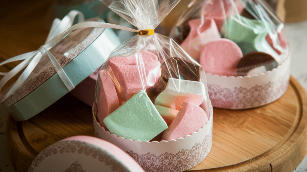 Fancy Flavored Marshmallows in their packaging. The marshmallows are various shapes and sizes, with flavors such as strawberry, chocolate, and mint. They are packed in a clear plastic bag, which is placed inside a decorative box. The box has a ribbon tied around it. The background is a wooden board. The photo has a warm lighting.