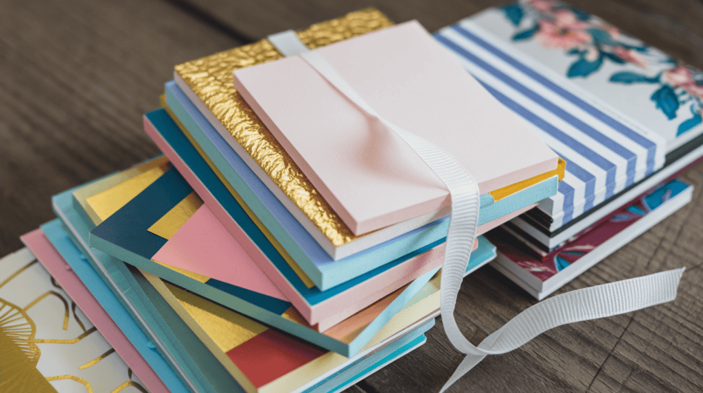 A pile of designer sticky notes. The sticky notes have a variety of colors, patterns, and textures. Some have gold foil patterns, others have geometric shapes, and some have floral patterns. The sticky notes are placed on a wooden surface. There is a white ribbon tied around the pile of sticky notes.