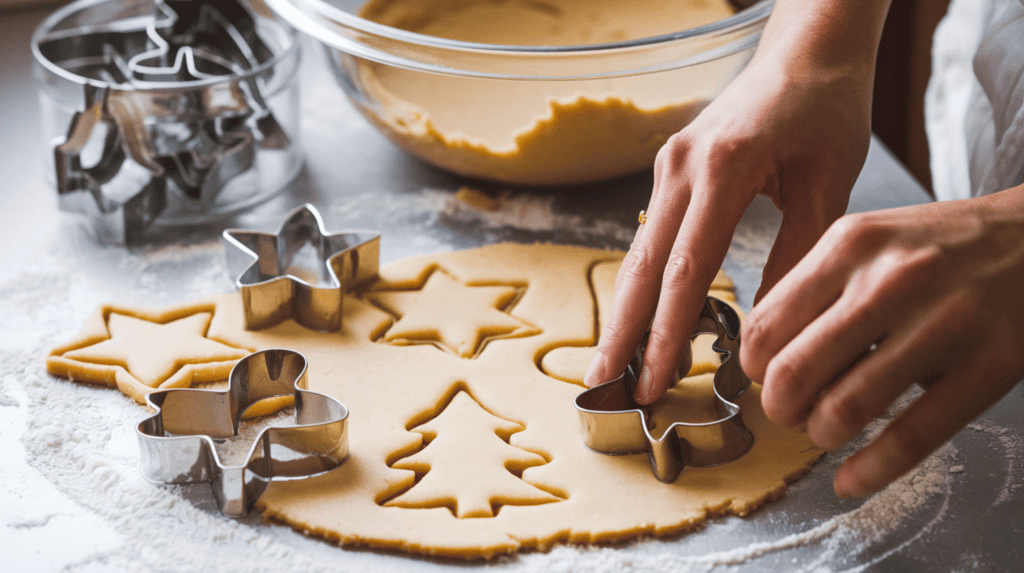A woman cutting out Christmas sugar cookies from dough using various Christmas-themed cookie cutters, including a tree, a star, a bell, and a stocking. The dough is placed on a floured surface. In the background, there's a bowl of dough and a jar of cookie cutters.