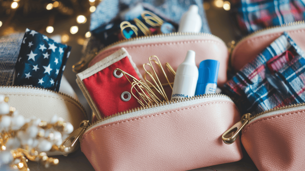 Cute pouches filled with mini sewing kits, safety pins, and stain removal pens as Stocking Stuffers for Women.