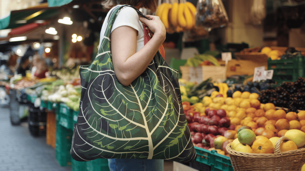A woman carrying a trendy reusable shopping bags with an amazing pattern. The pattern features a large, green leaf with white veins. The background is a bustling street market filled with stalls selling fresh produce. The woman is standing in front of a stall selling fruits. There is a basket of fresh fruits next to her. The overall image has a warm hue.