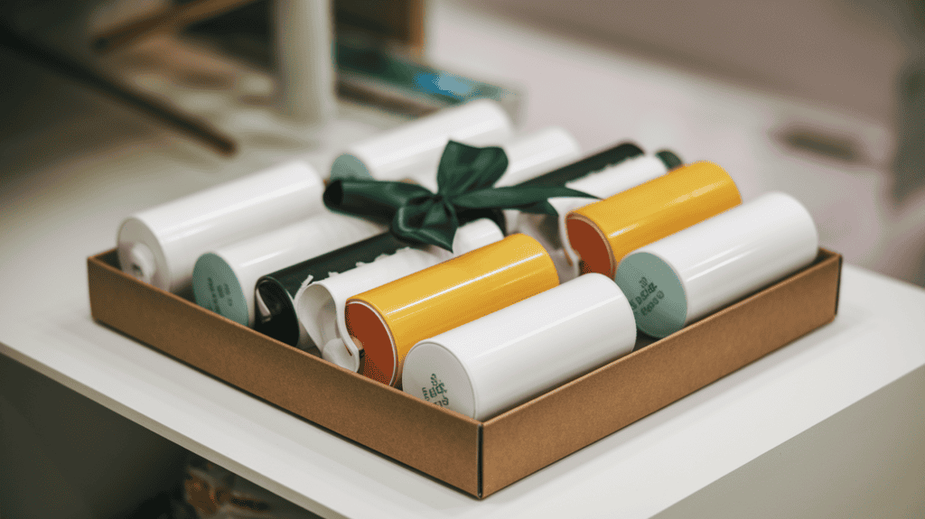 Several retractable lint rollers sitting on a white surface. The lint rollers are placed in a rectangular box. There is a green bow on the box. The background is blurred and contains a few other items.