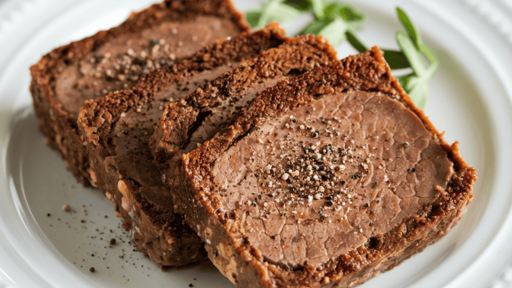 A photo of delicious homemade liver pudding. The slices are about a quarter-inch thick and rectangular. The pudding has a dark brown color with a slightly glossy finish. There is a sprinkling of black pepper on top of each slice. The background is a white plate.
