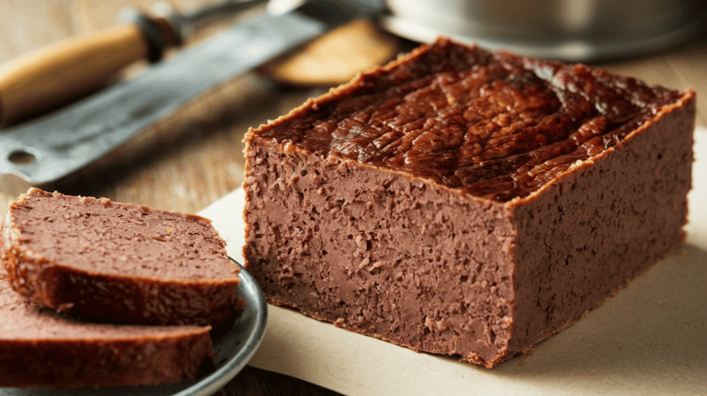 A block of homemade liver pudding. The pudding has a dark brown colour and a slightly crumbly texture. There are rectangular slices of about a quarter-inch thick on a plate beside the block. The background is a wooden surface with a few utensils.