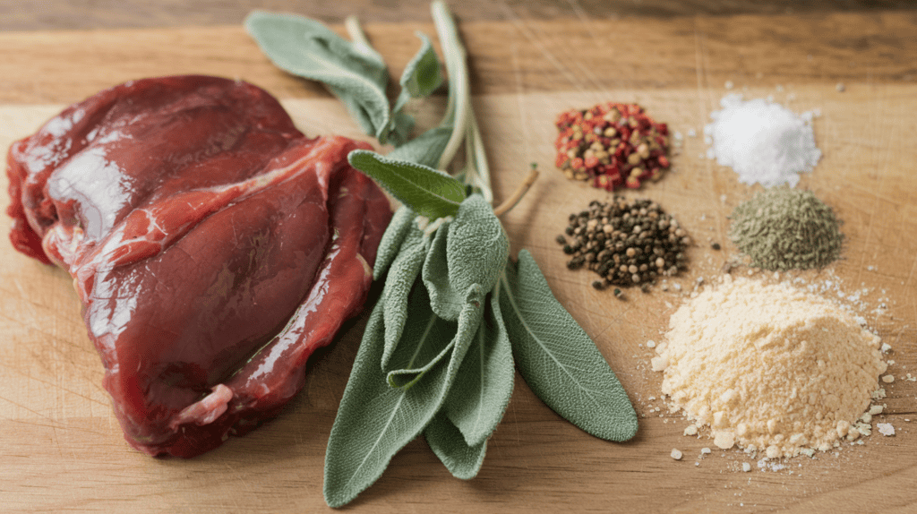Ingredients needed for a liver pudding recipe: fresh pork liver sitting next to fresh sage, black pepper, salt, red pepper flakes, ground thyme, and white cornmeal. The liver is a dark red color with a slightly fatty texture. The sage leaves are a vibrant green. The black pepper and red pepper flakes are a dark brown color. The ground thyme is a light brown color. The white cornmeal is a light yellow color. The ingredients are arranged on a wooden cutting board.