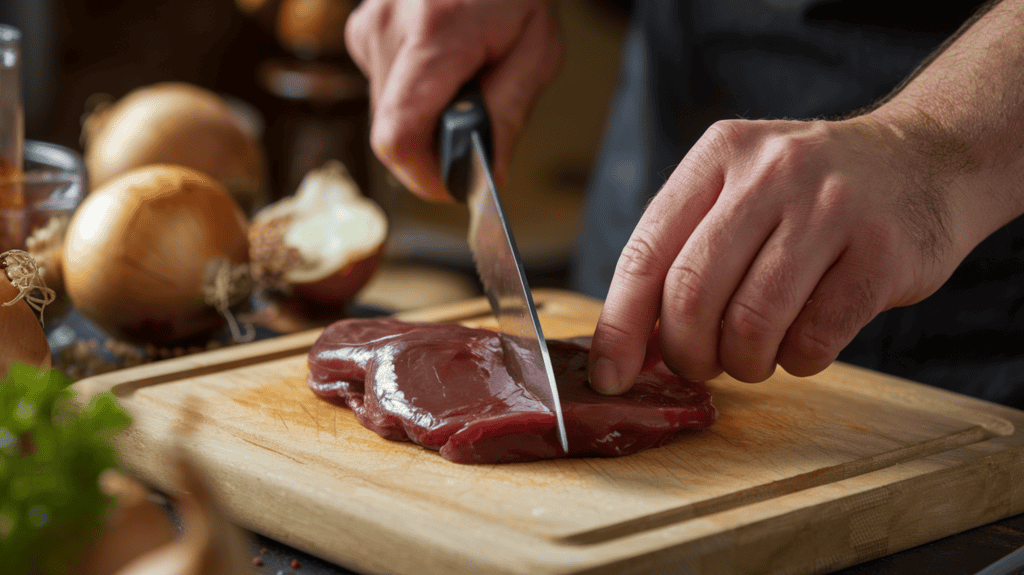 A chef preparing to make liver pudding. He is holding a knife and a piece of liver. The liver is placed on a wooden cutting board. The background contains various ingredients, including onions and spices. The overall image has a warm hue.