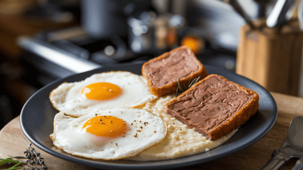 A plate of fried eggs, grits, and liver pudding for breakfast. There are two fried eggs with sunny-side-up yolks. The grits are creamy and have a few black pepper grains on top. There are two rectangular slices of liver pudding. The liver pudding is deep-fried and has a golden-brown crust. It is cut about a quarter inch thick. The plate is on a wooden board. There are a few herbs and spices near the plate. The background is blurred and consists of a kitchen with a stove, pots, and utensils.