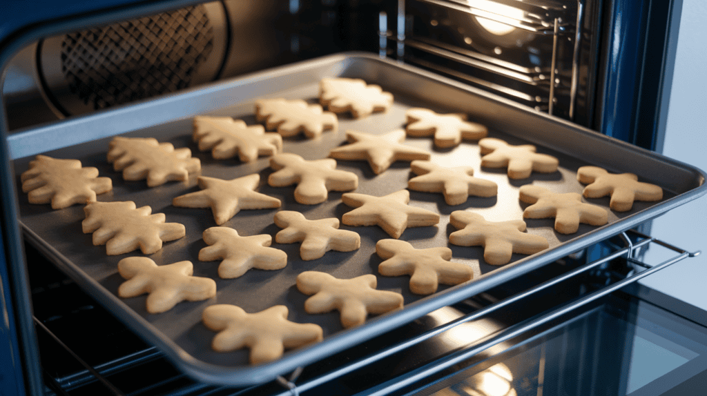 A baking tray full of Christmas sugar cookies in the oven. There are multiple cookies in the shape of Christmas trees, stars, and gingerbread men. The cookies have a light brown colour and are spaced out on the tray. The tray is placed in a modern oven with a glass door. The oven light is on, casting a warm glow on the cookies.