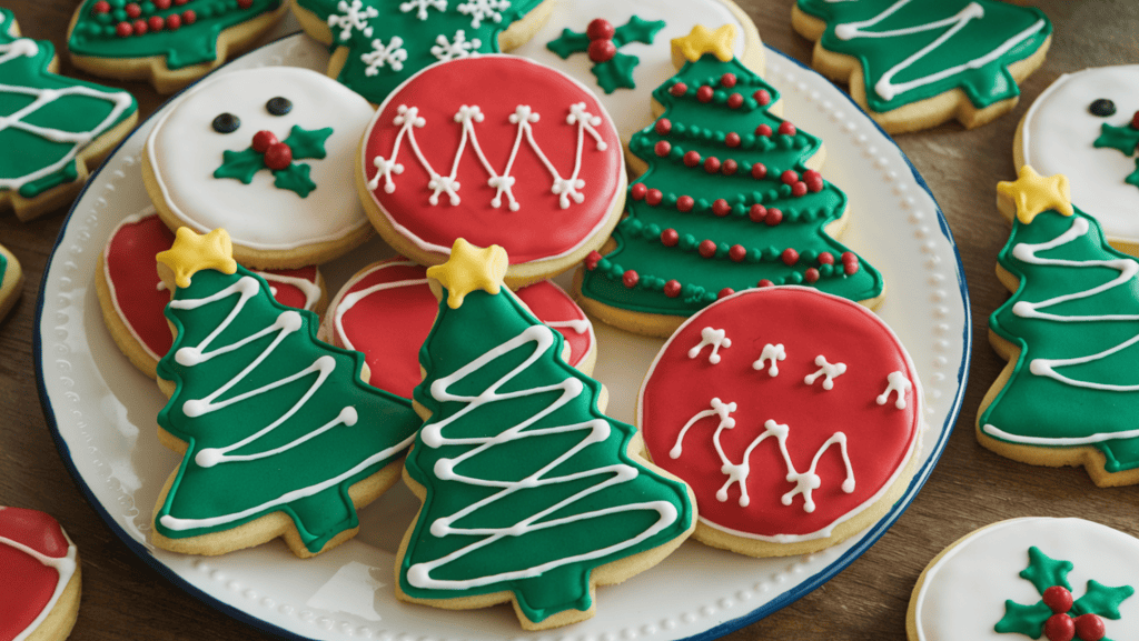 Iced Christmas sugar cookies. There are multiple cookies with different Christmas-themed icing decorations. The cookies are arranged on a white plate. A few cookies are missing from the plate. The background is a wooden surface.