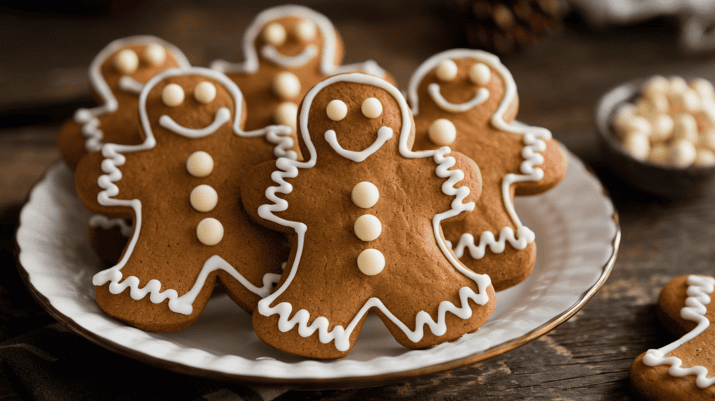 Gingerbread men cookies decorated with royal icing and white chocolate buttons. The gingerbread men are placed on a white plate. The background is a rustic wooden surface. There's a small bowl of white chocolate buttons next to the plate. The lighting is soft and warm.