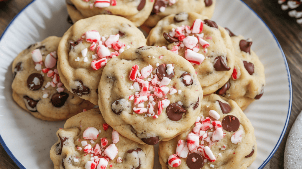 Holiday chocolate chip cookies with crushed candy canes in the dough. The cookies are arranged on a white plate. There's a sprinkle of crushed candy canes on top of each cookie. The background is a wooden surface.